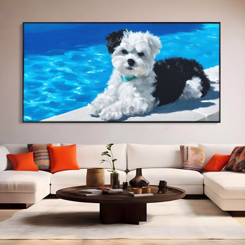 Tablou canvas cu pictura cu catel pufos langa piscina, in rama de aluminiu negru, pe perete intr-un living